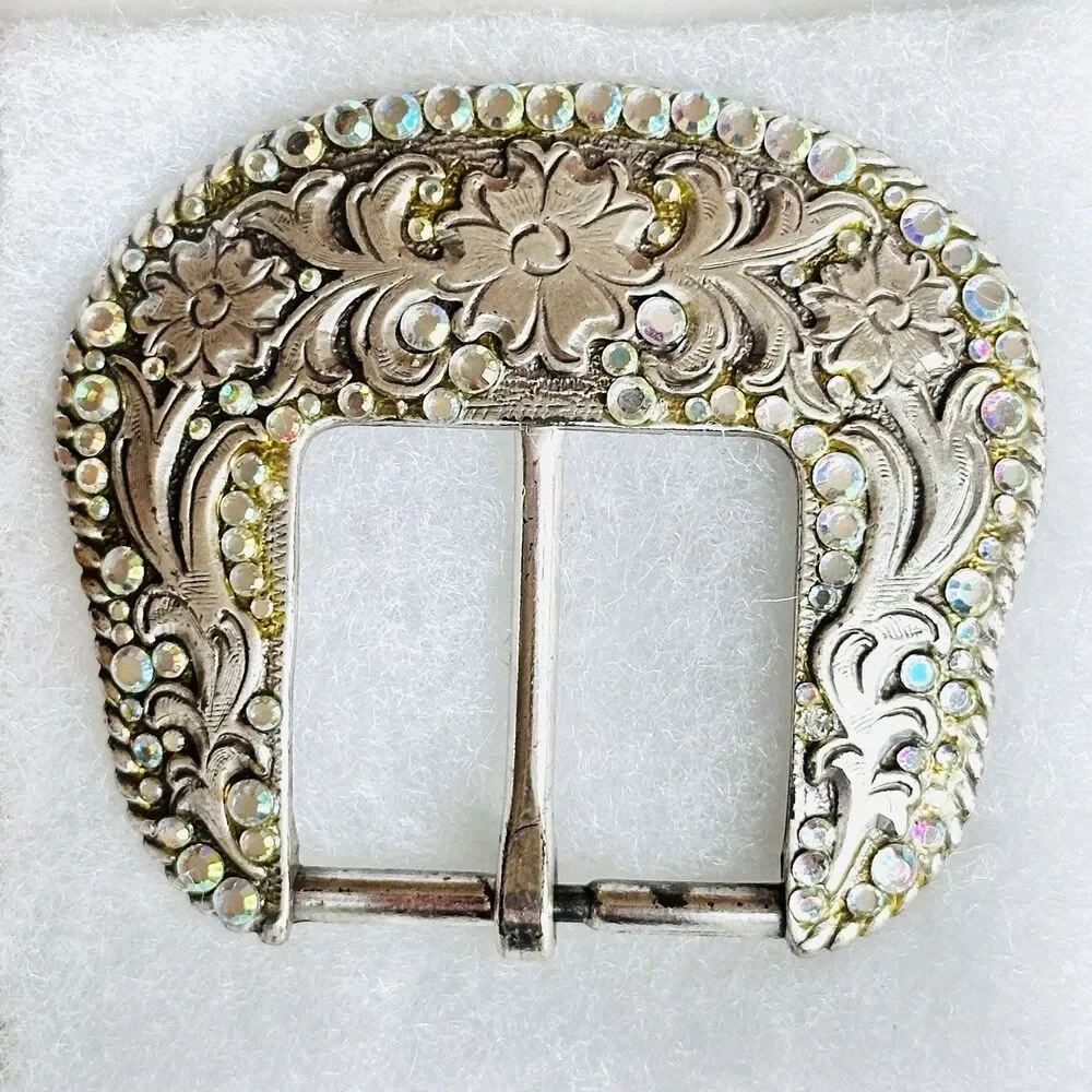 Western Belt Buckle Iridescent Aurora Borealis Rhinestones Y2K 90s Vintage Rodeo